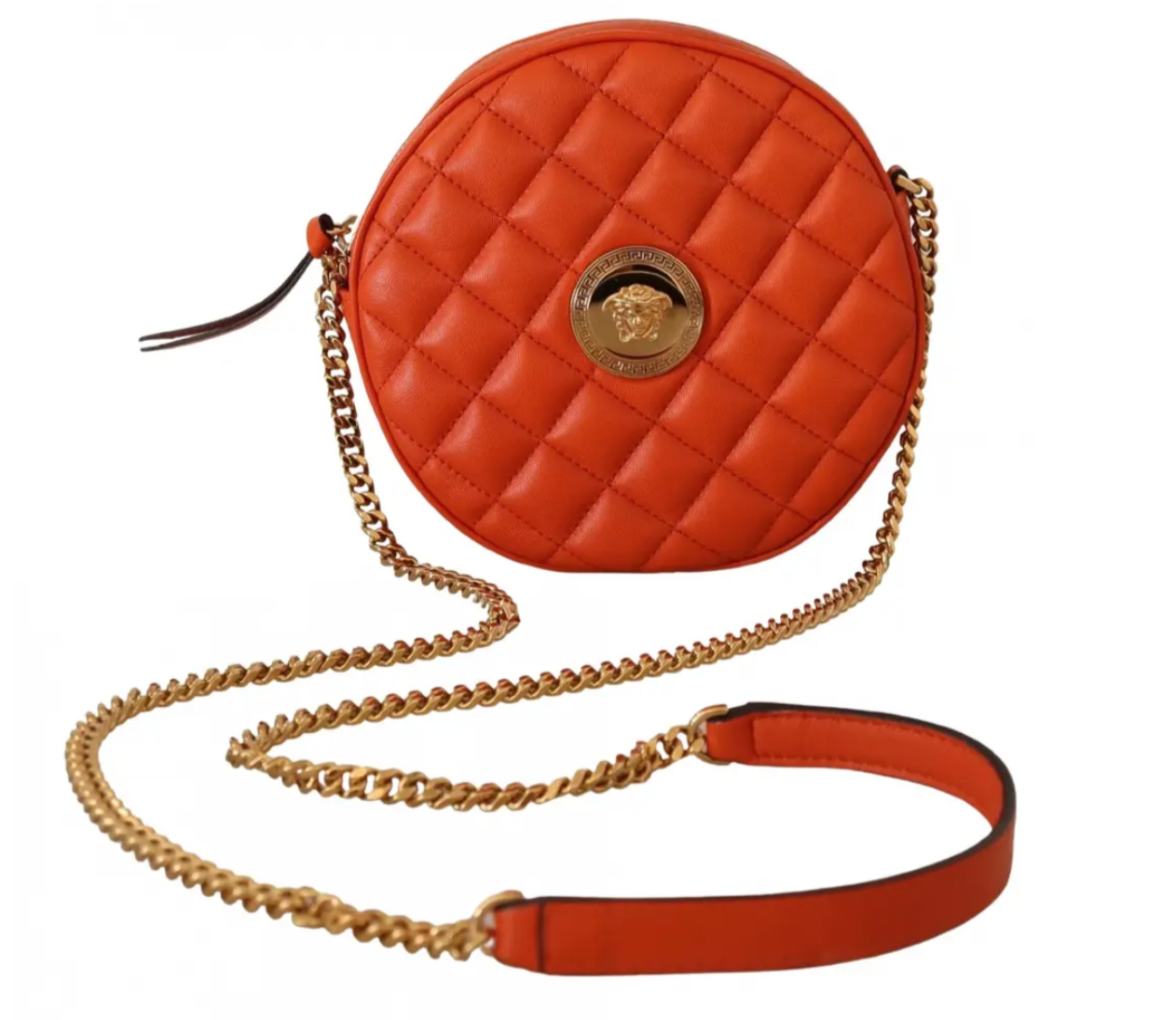 Bolso bandolera redonda, naranja, con medusa, de Versace.