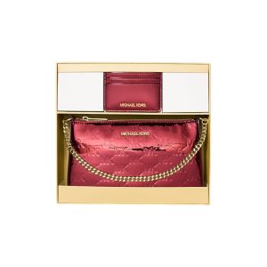 Set de regalo con bolso pouchette Jet Set en charol cherry con logotipo y tarjetero.